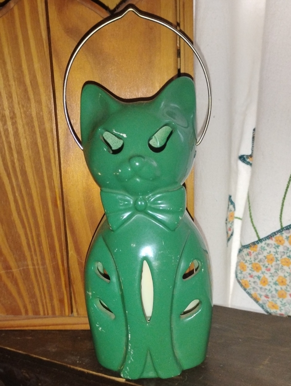 Vintage Lego Green Cat Lantern with Bow Tea light Holder Cat Decor